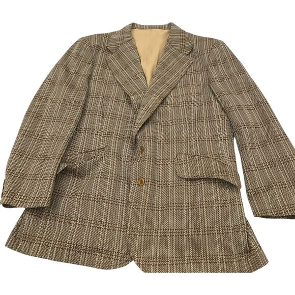 Vintage 2 Button Front Plaid Men's Blazer‎ Suit Long Sleeve Pockets Brown - Picture 1 of 5